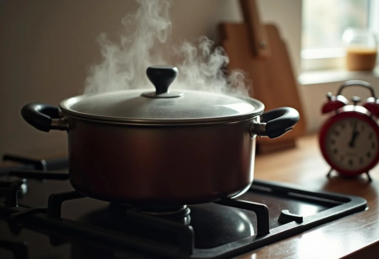 Olla cubierta con judías pintas y arroz cocinándose a fuego lento.