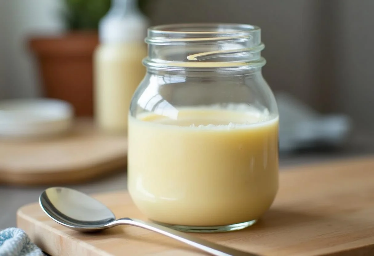 Frasco de leche hidrolizada casera listo para usar, ideal para bebés.