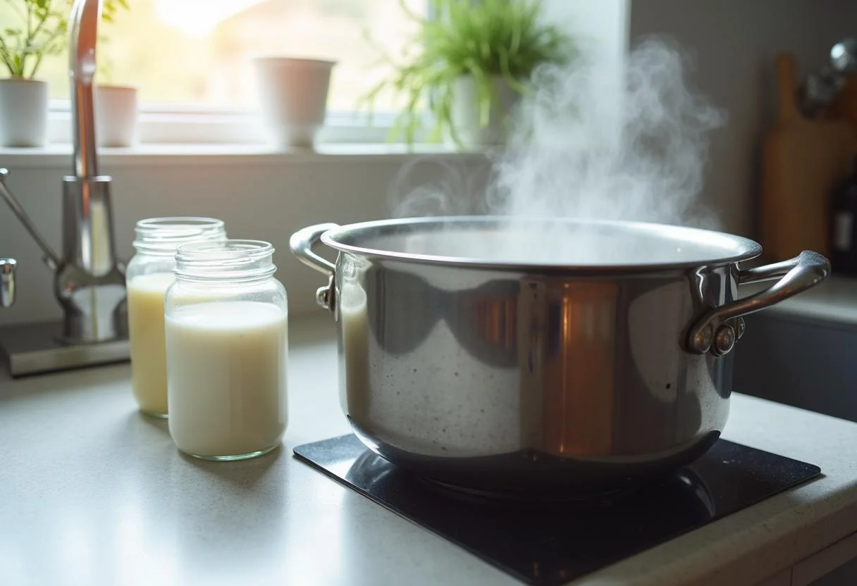 Preparación de la leche hidrolizada en una olla con agua y ingredientes listos en la cocina.