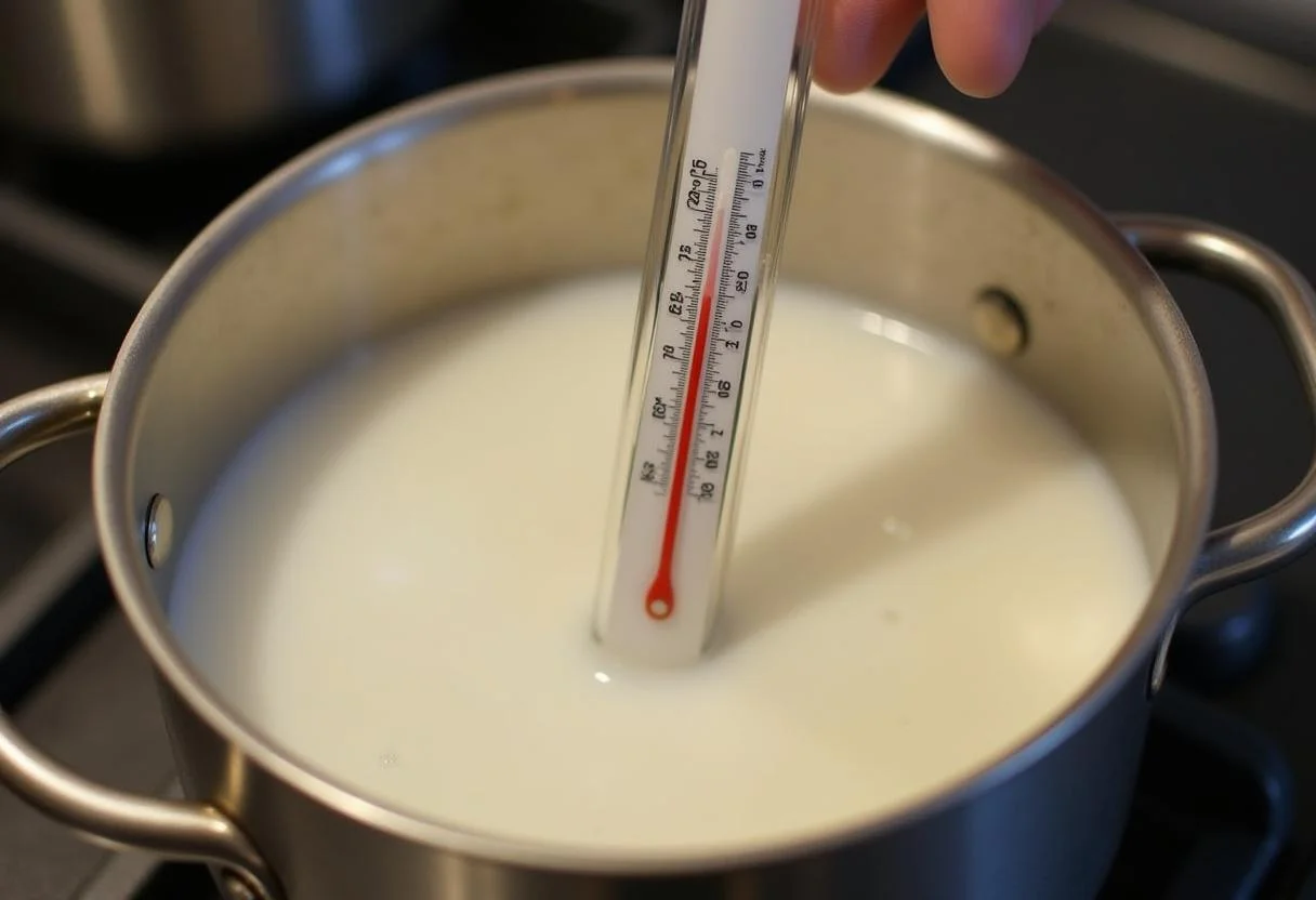 Controlando la temperatura de la mezcla de leche hidrolizada en la estufa.
