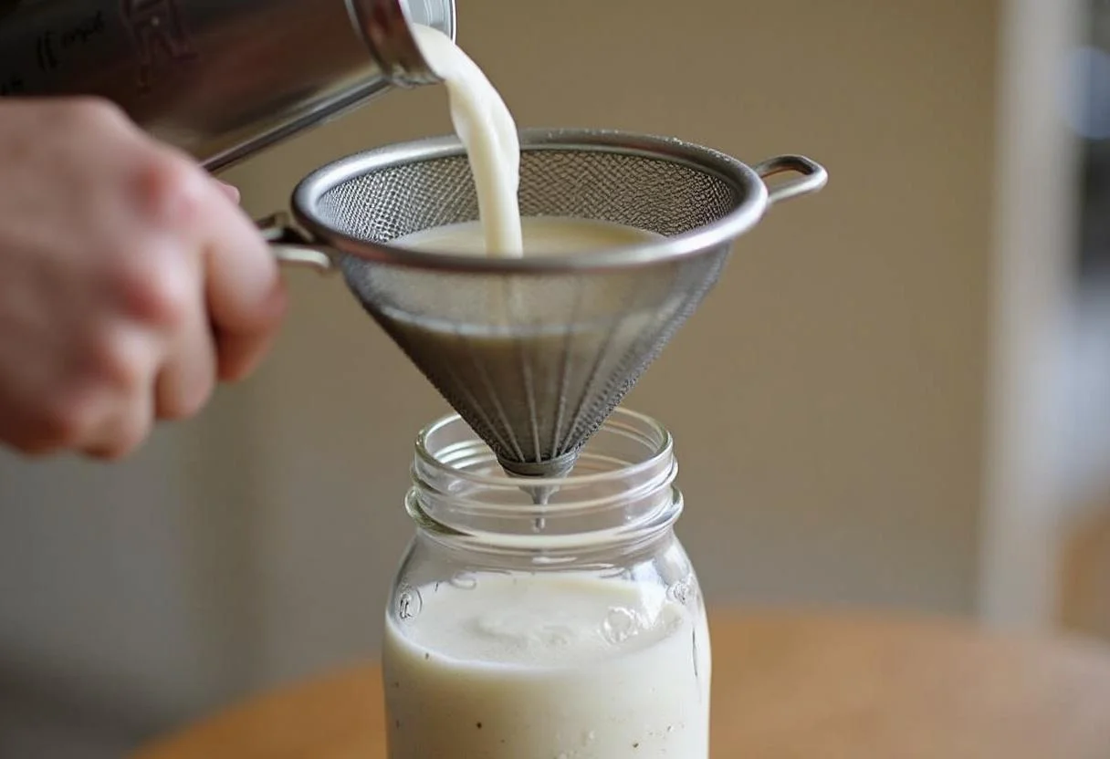 Vaciando la mezcla de leche hidrolizada en un frasco de vidrio utilizando un colador.