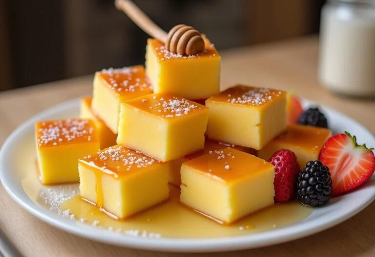 Finished leche nan 1 on a platter, garnished with honey and fruits, perfect for serving.