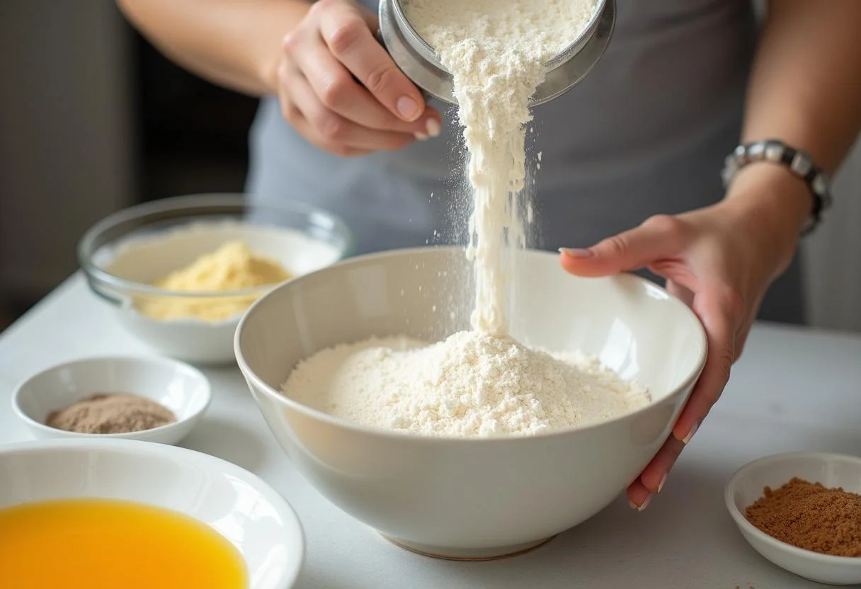 Tamizando harina para la receta de Leche Nan 1 en preparación para hacer la masa.