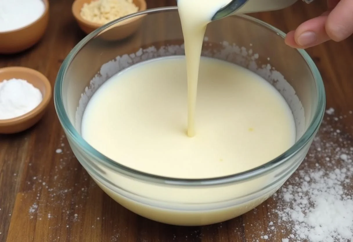 Leche tibia siendo añadida a la mezcla para la preparación de Leche Nan 1.
