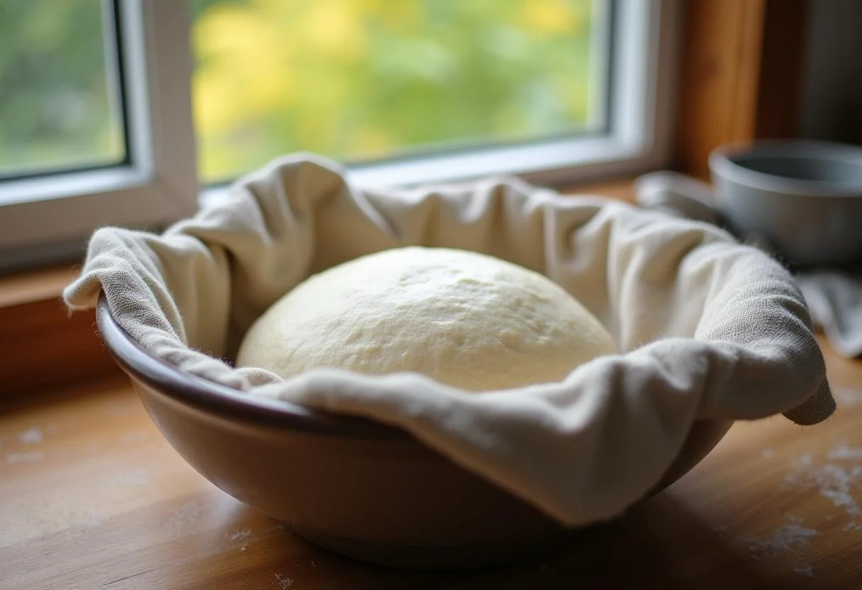Masa subiendo para la receta de Leche Nan 1, cubierta y colocada en un área cálida.