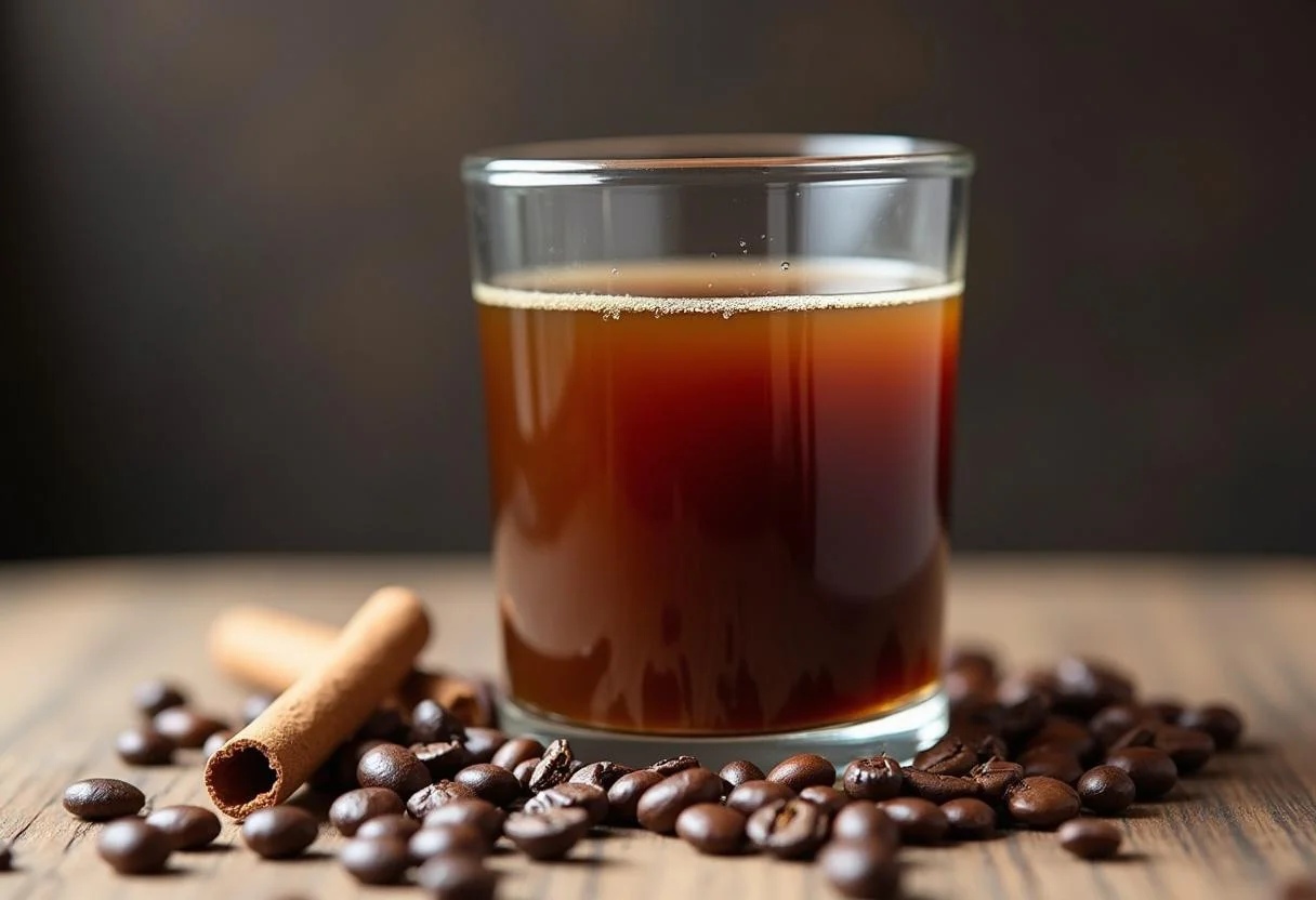 Licor de café casero presentado en un vaso, ideal para degustar.