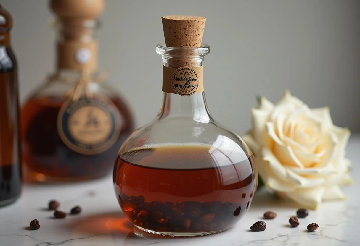 Botella de licor de café casero lista para ser almacenada.