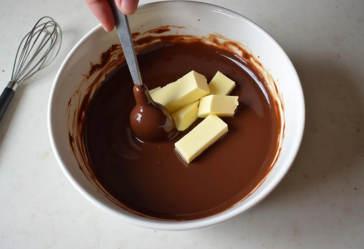Chocolate derretido y mantequilla siendo mezclados para magdalenas de chocolate.