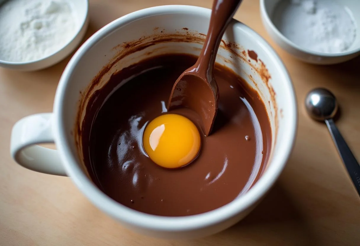 Incorporando un huevo a la mezcla de chocolate para magdalenas de chocolate esponjosas.