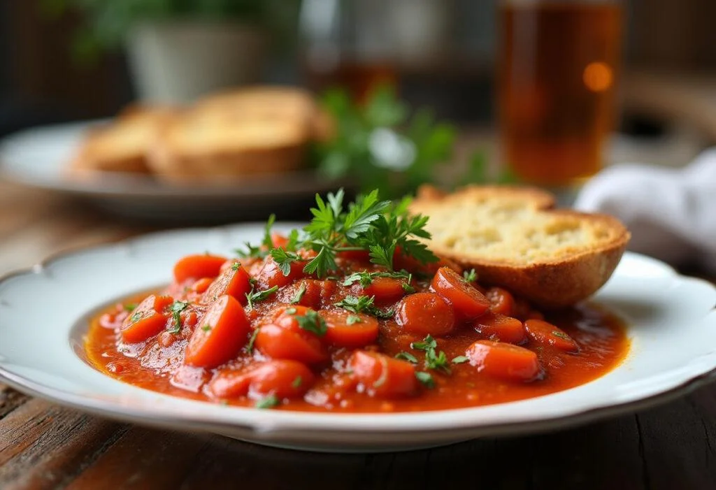 Delicious magro con tomate thermomix served with crusty bread and garnished.