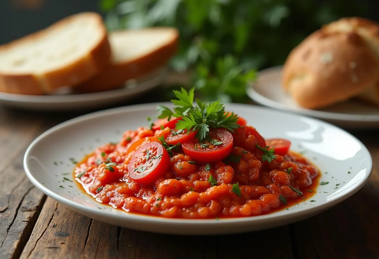 Delicious magro con tomate thermomix served with crusty bread and garnished.