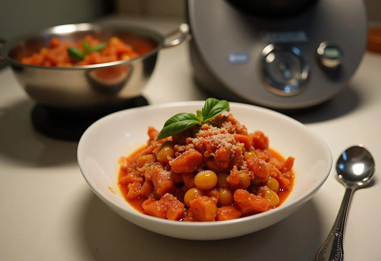 Ladling cooked magro con tomate from the Thermomix into a serving bowl.