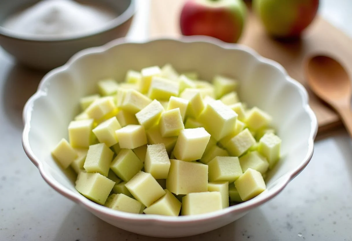 Cubos de manzana verde Granny Smith preparados para mezclar con azúcar y canela en la receta de manzana verde.