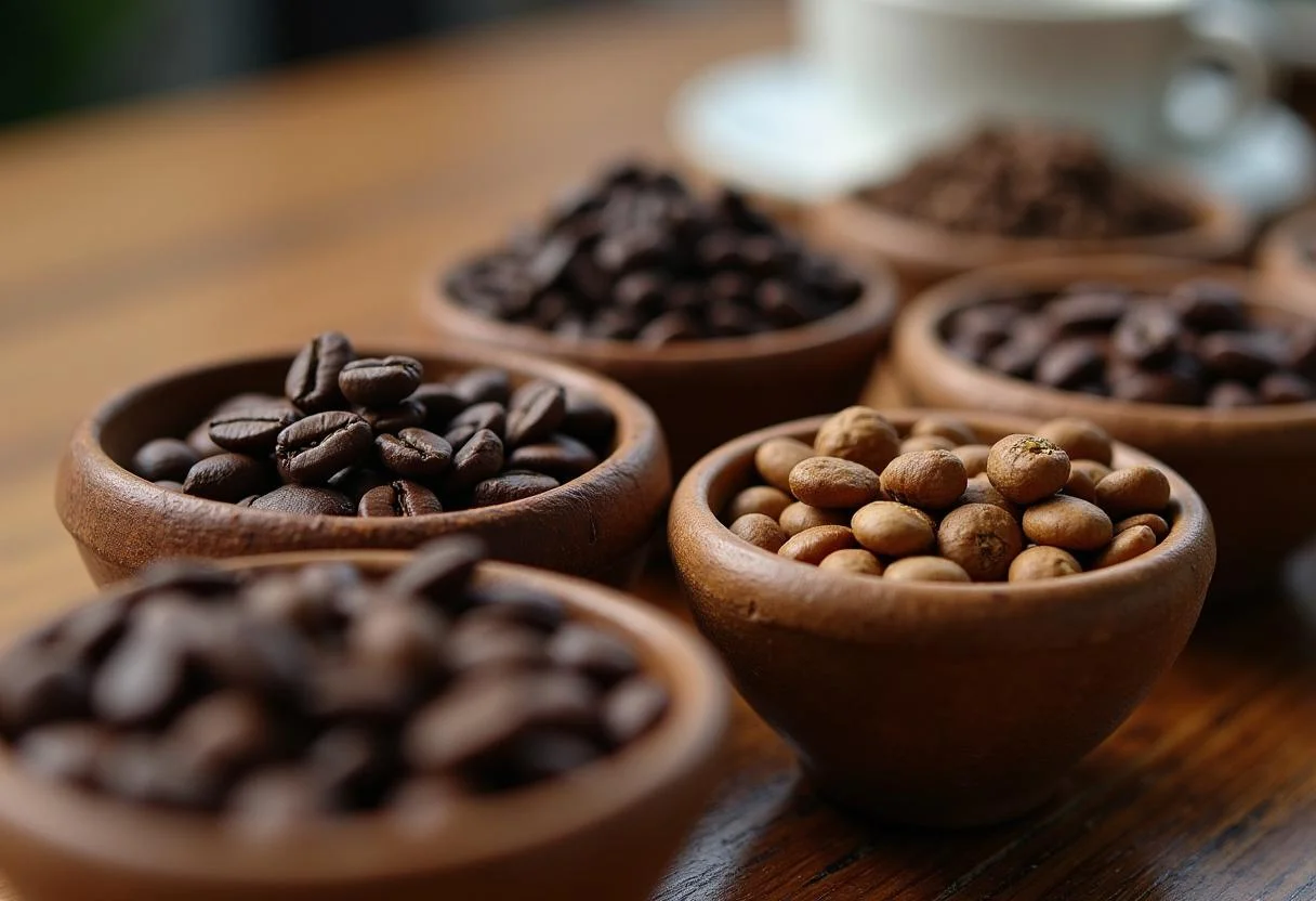 Selección de granos de café gourmet en tazones, ideal para marcas de cafe.