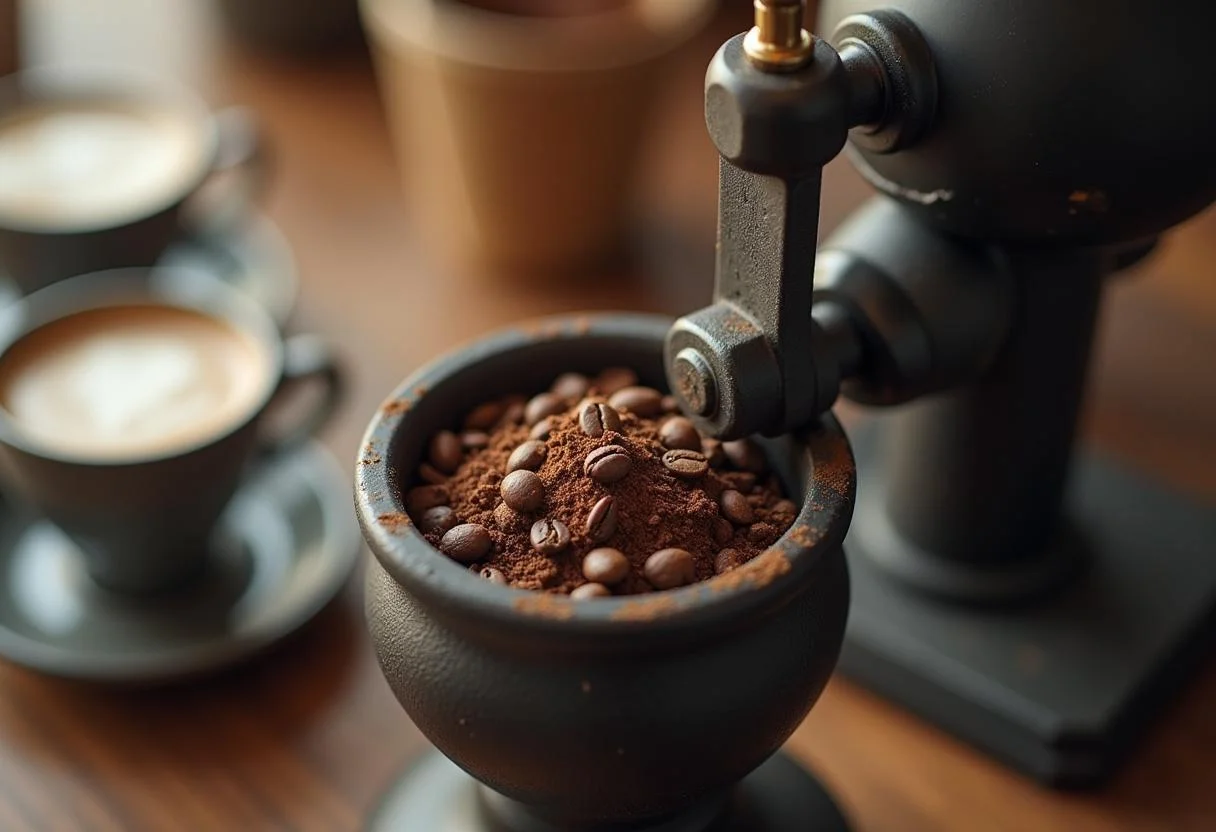 Granos de café siendo molidos en un molinillo manual para preparar marcas de cafe gourmet.