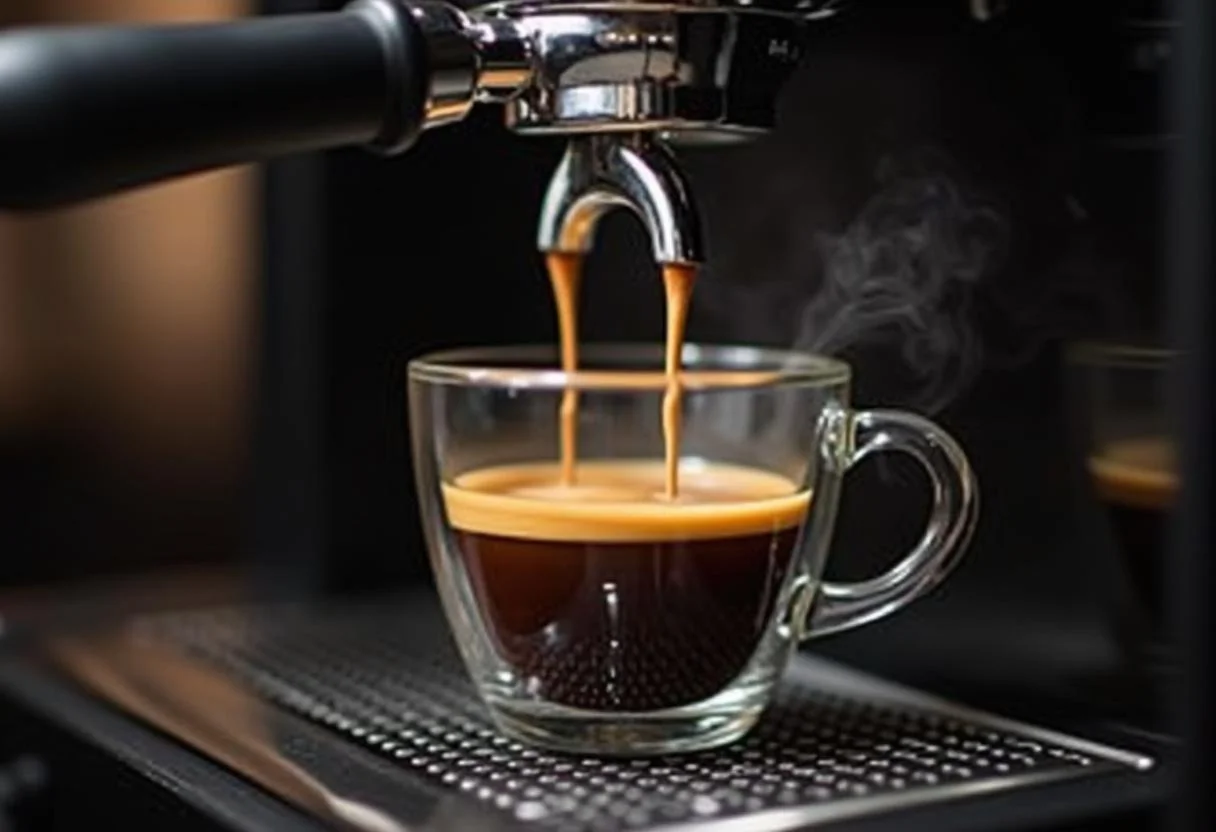 Café espresso siendo preparado en una máquina para marcas de cafe italiano y cafes de marca.