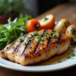 Pollo marinado a la parrilla, servido con verduras frescas, perfecto para una comida casera.