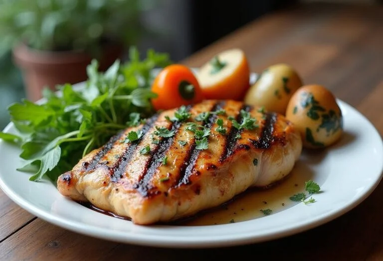 Pollo marinado a la parrilla, servido con verduras frescas, perfecto para una comida casera.