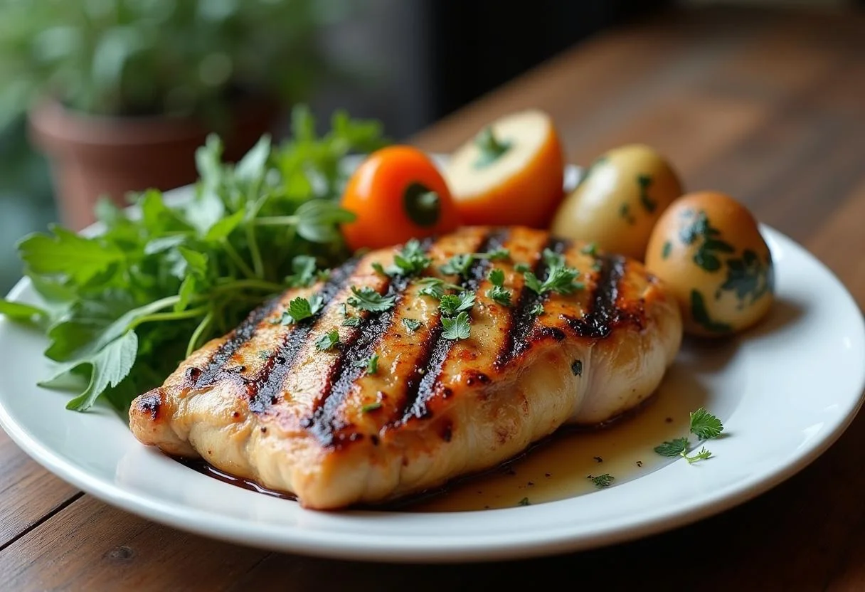 Pollo marinado a la parrilla, servido con verduras frescas, perfecto para una comida casera.