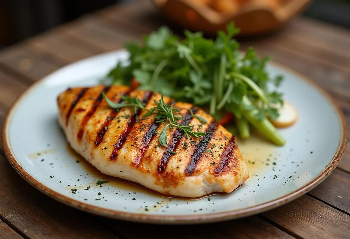 Pollo marinado a la parrilla, servido con verduras frescas, perfecto para una comida casera.