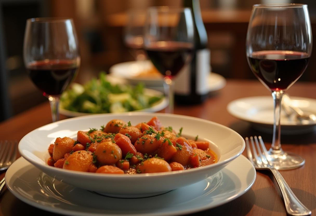 Delicious meloso de ternera estofado served on a dining table, perfect for a hearty meal.