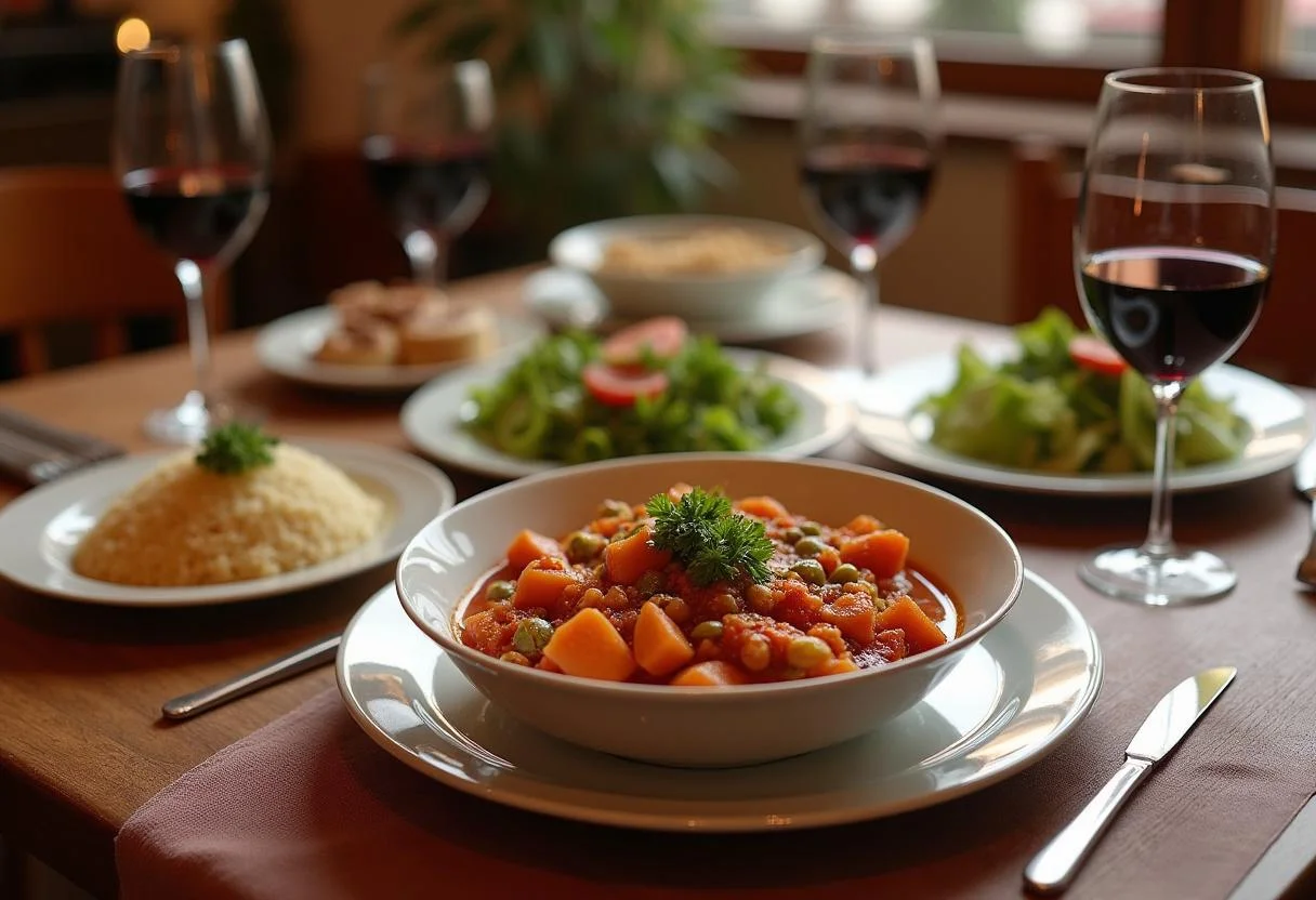 Delicioso meloso de ternera estofado servido en una mesa de comedor, perfecto para una comida abundante.