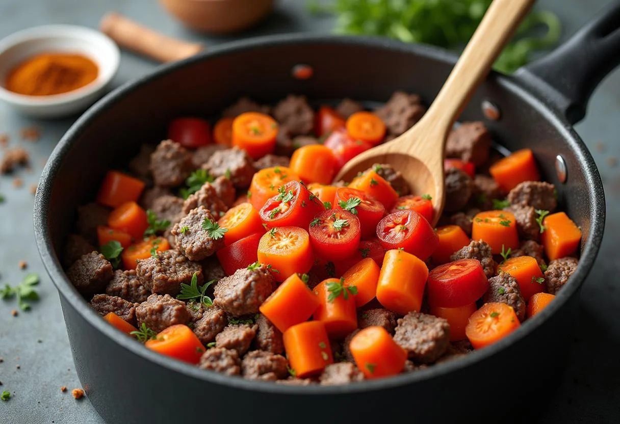 Añadiendo verduras para el meloso de ternera estofado, mejorando el sabor y la nutrición.