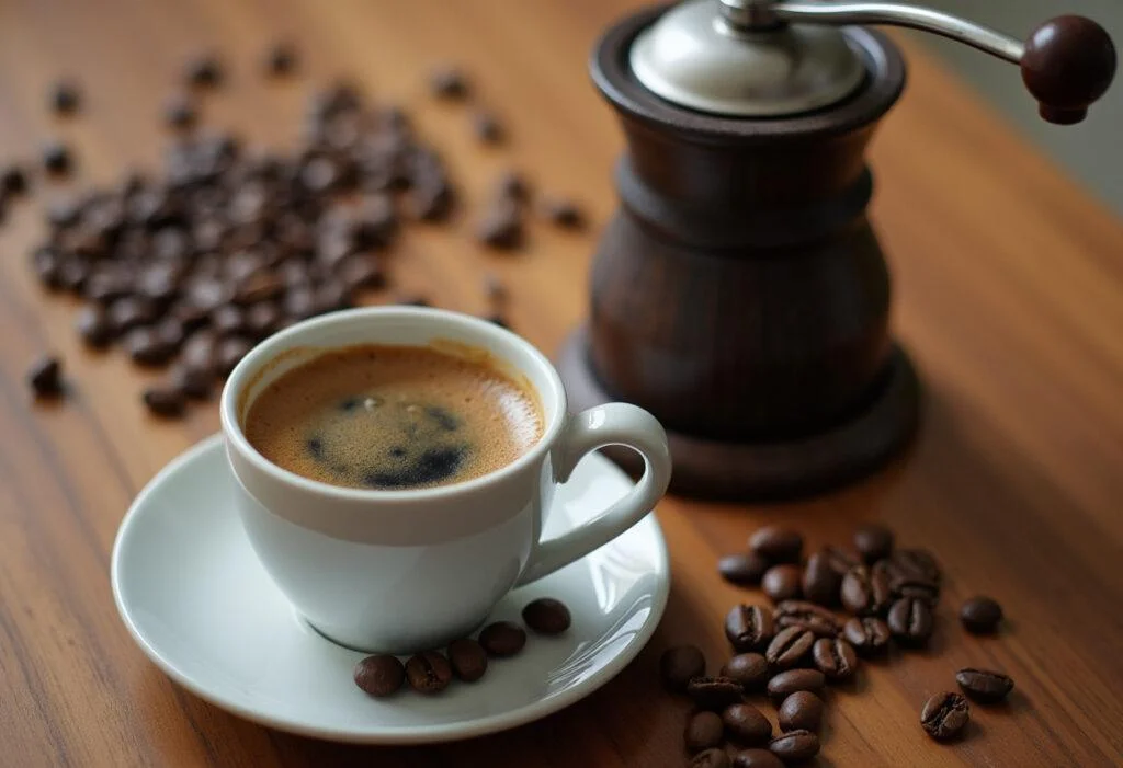 Estilo de café con taza de café y molinillo de café manual, perfecto para una deliciosa experiencia matutina.