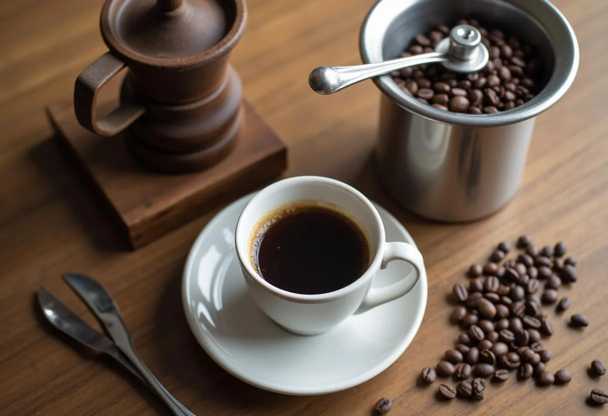 Estilo de café con taza de café y molinillo de café manual, perfecto para una deliciosa experiencia matutina.