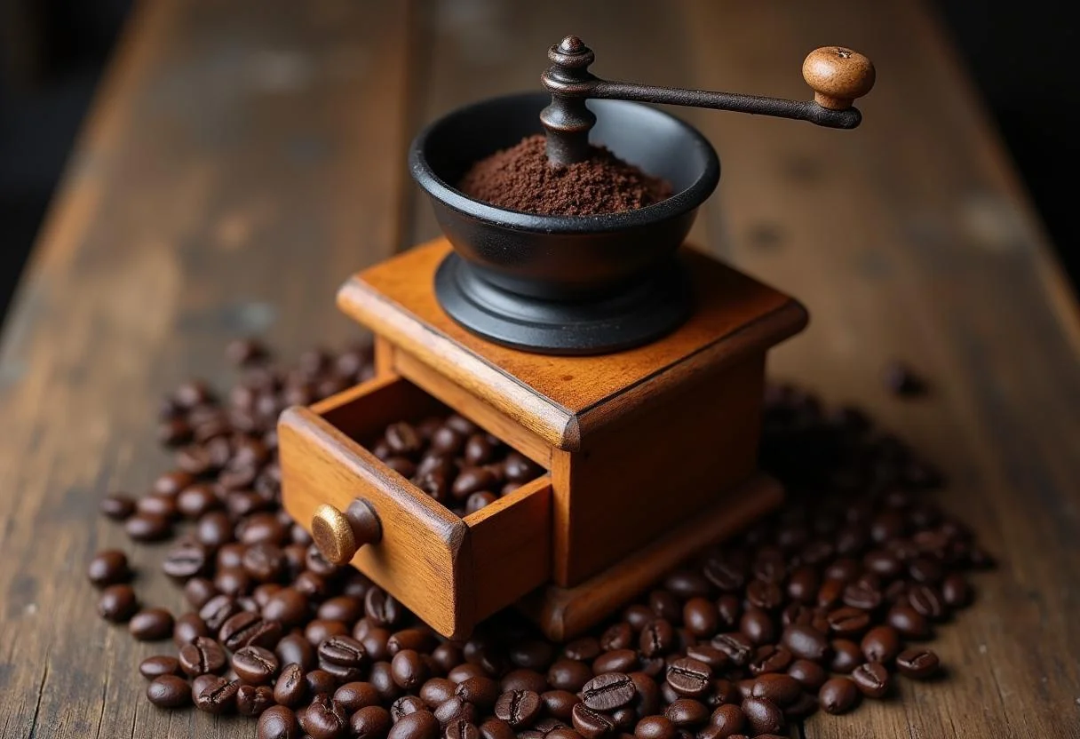 Molinillo de café tradicional en una mesa rústica con granos de café para moler.