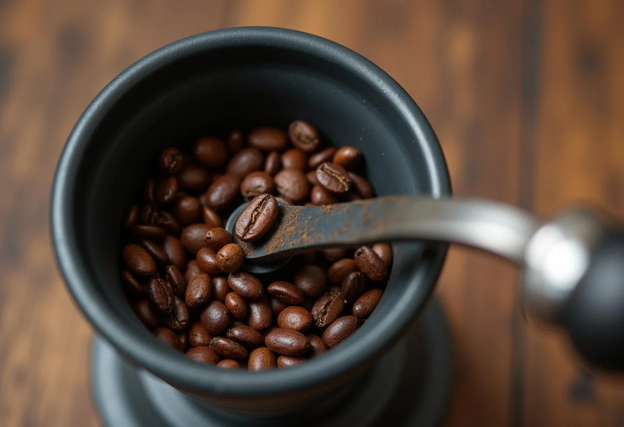 Grano de café siendo molido en un molinillo de café manual para preparar café fresco.