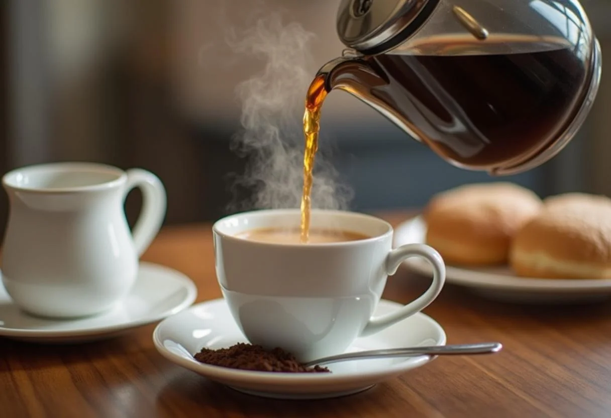 Taza de café caliente vertida desde una cafetera, lista para disfrutar con café recién molido.