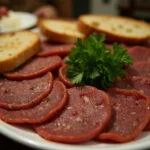 Sliced morcilla de leon on a platter, showcasing the traditional dish ready to enjoy.
