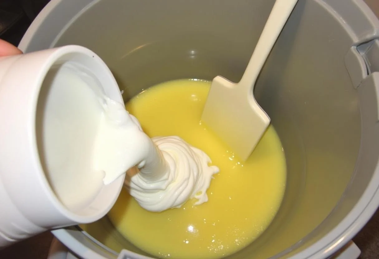 Claras de huevo batidas incorporándose a la mezcla de mousse de limón thermomix.