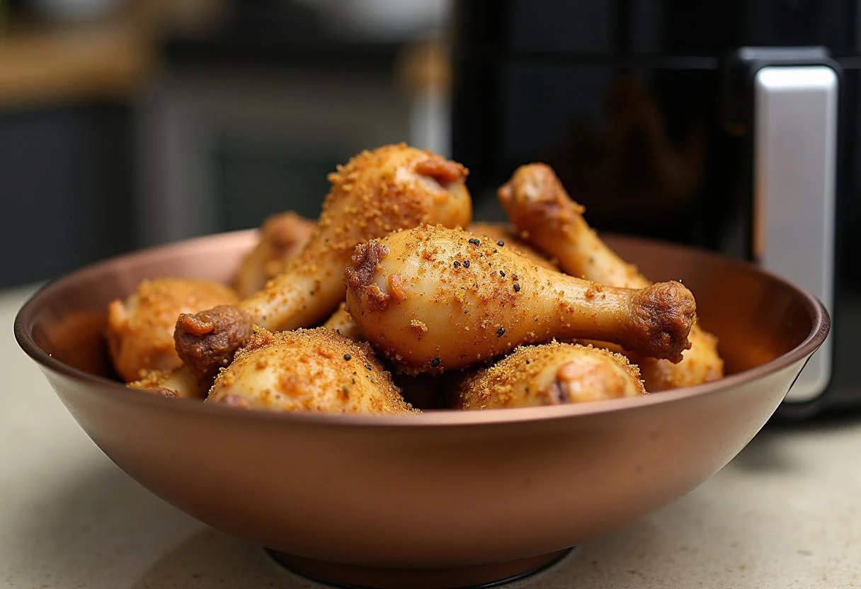 Muslitos de pollo sazonados en un bol listos para cocinar en la freidora de aire.