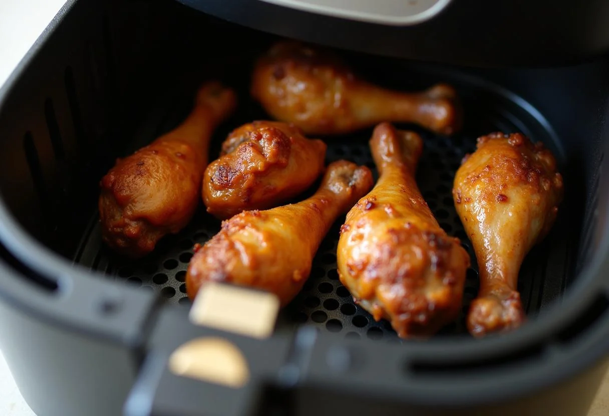 Muslitos de pollo en la cesta de la freidora de aire listos para freirse y dorarse.