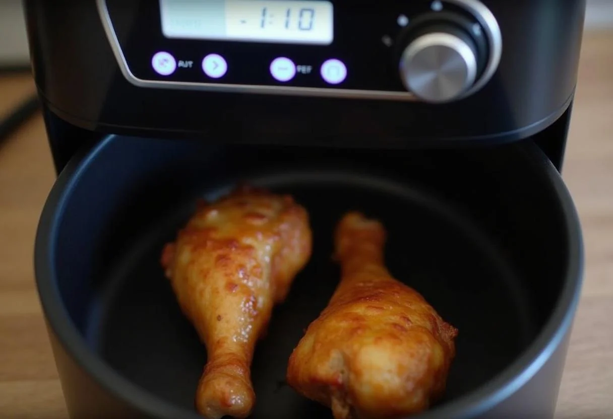 Configurando el temporizador de la freidora de aire para cocinar muslitos de pollo crujientes.