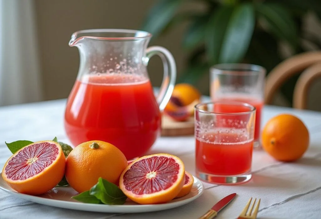 Mesa decorada con jugo de naranja sanguina fresca y frutas, perfecta para compartir.