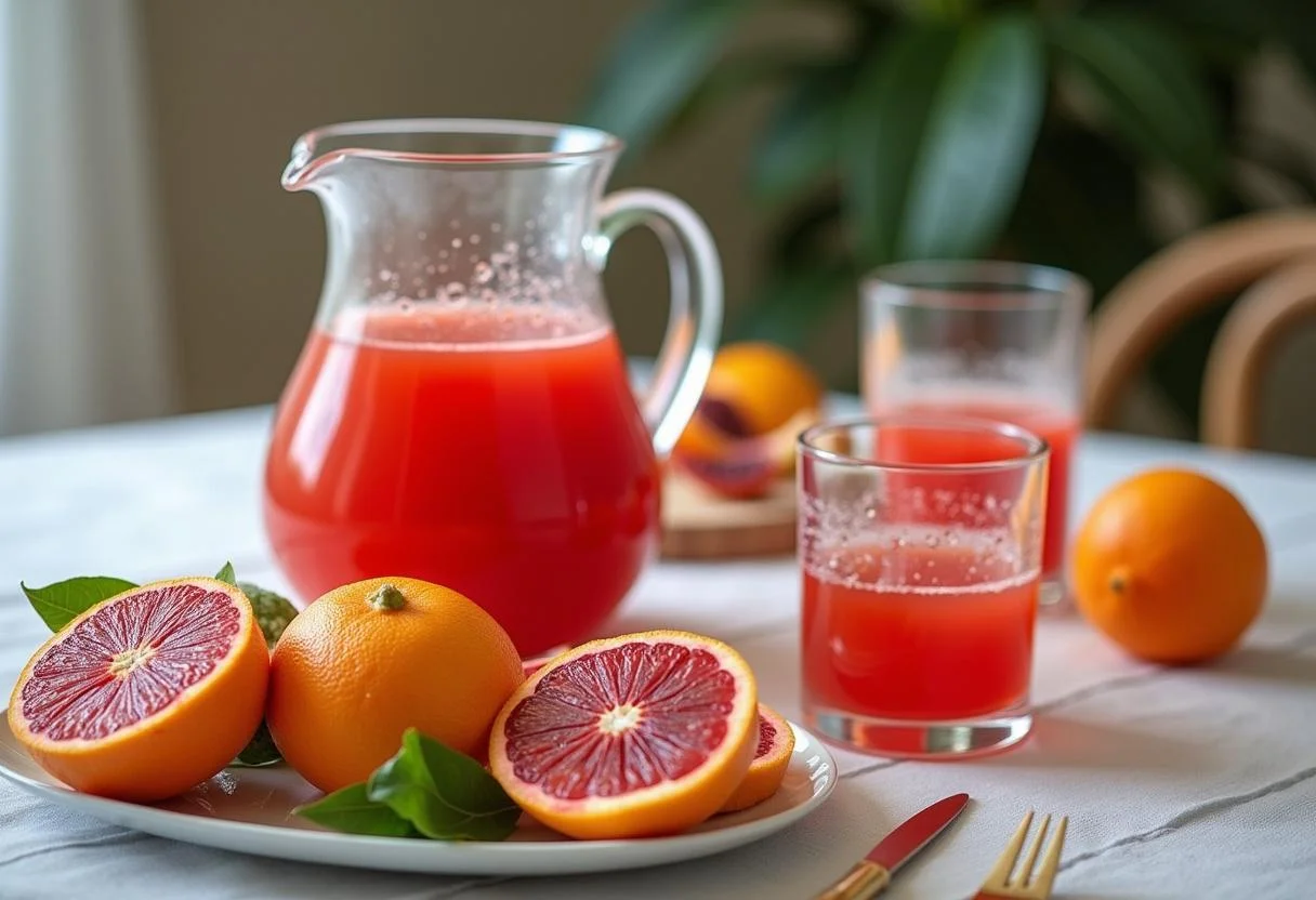Mesa decorada con jugo de naranja sanguina fresca y frutas, perfecta para compartir.