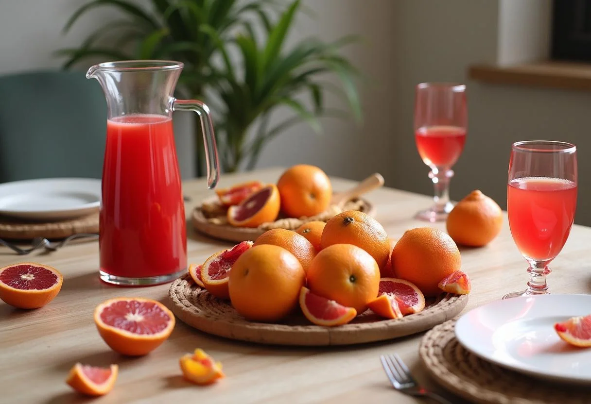 Mesa decorada con jugo de naranja sanguina fresca y frutas, perfecta para compartir.