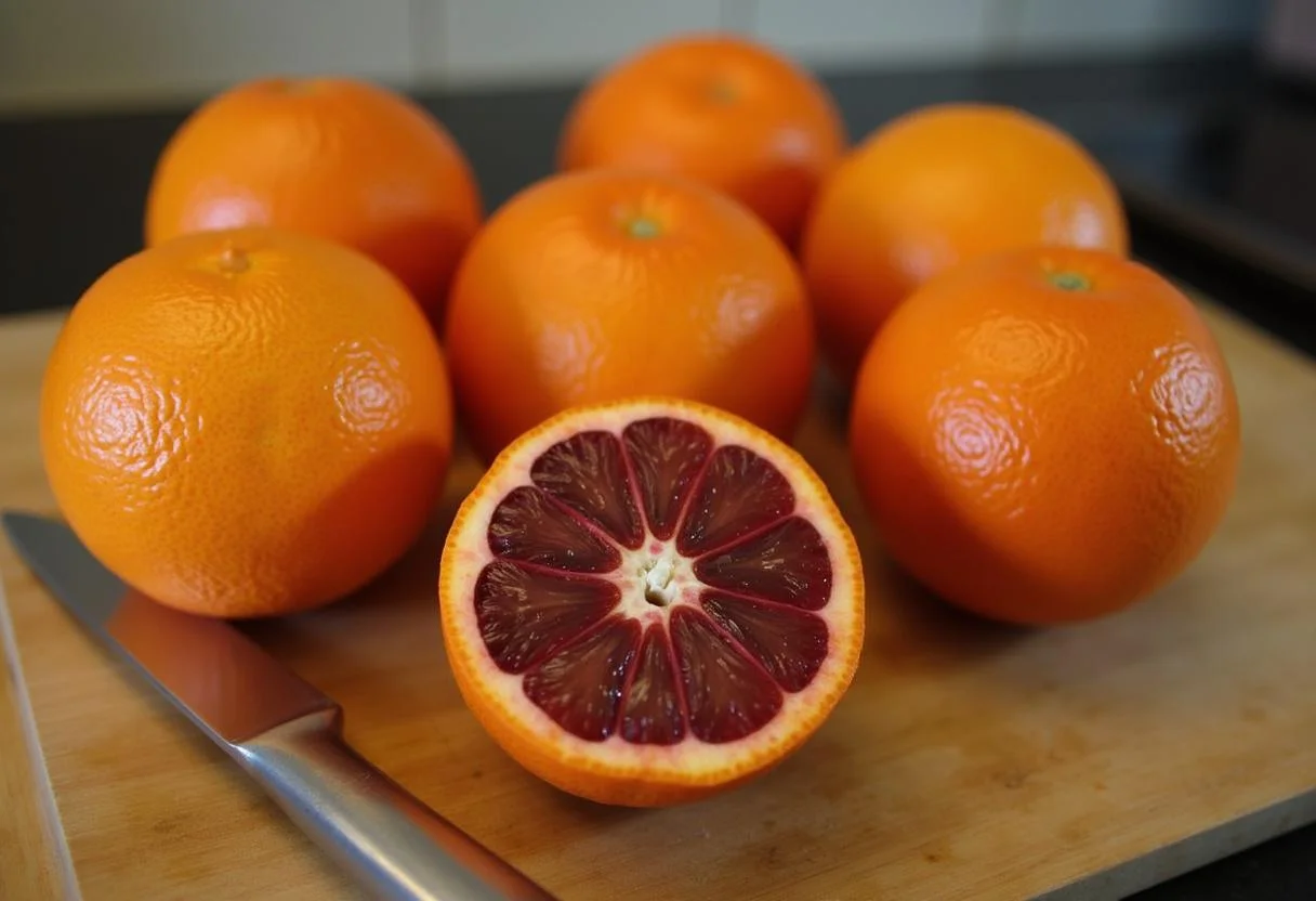 Naranjas sanguinas frescas sobre una tabla de cortar, preparadas para hacer jugo de naranja sanguina.