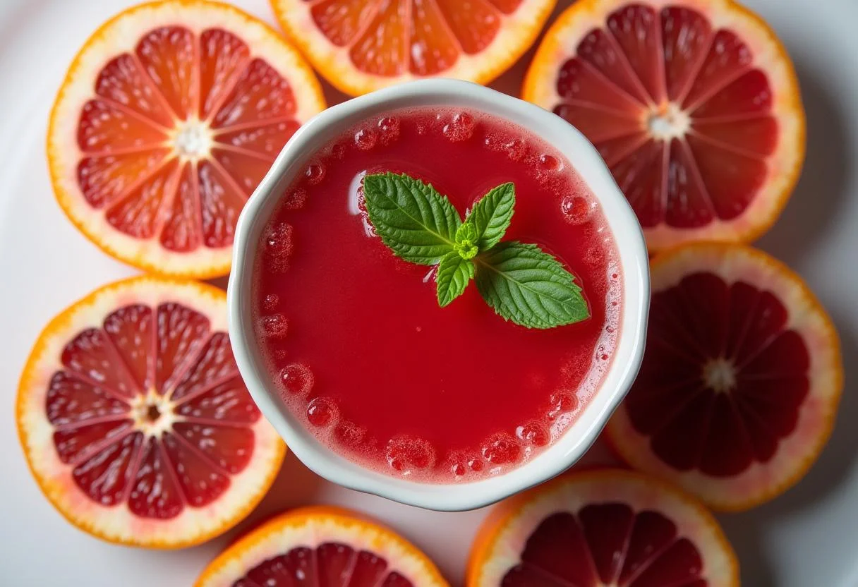 Bol con jugo de naranja sanguina fresca y mitades de naranjas sanguinas alrededor.