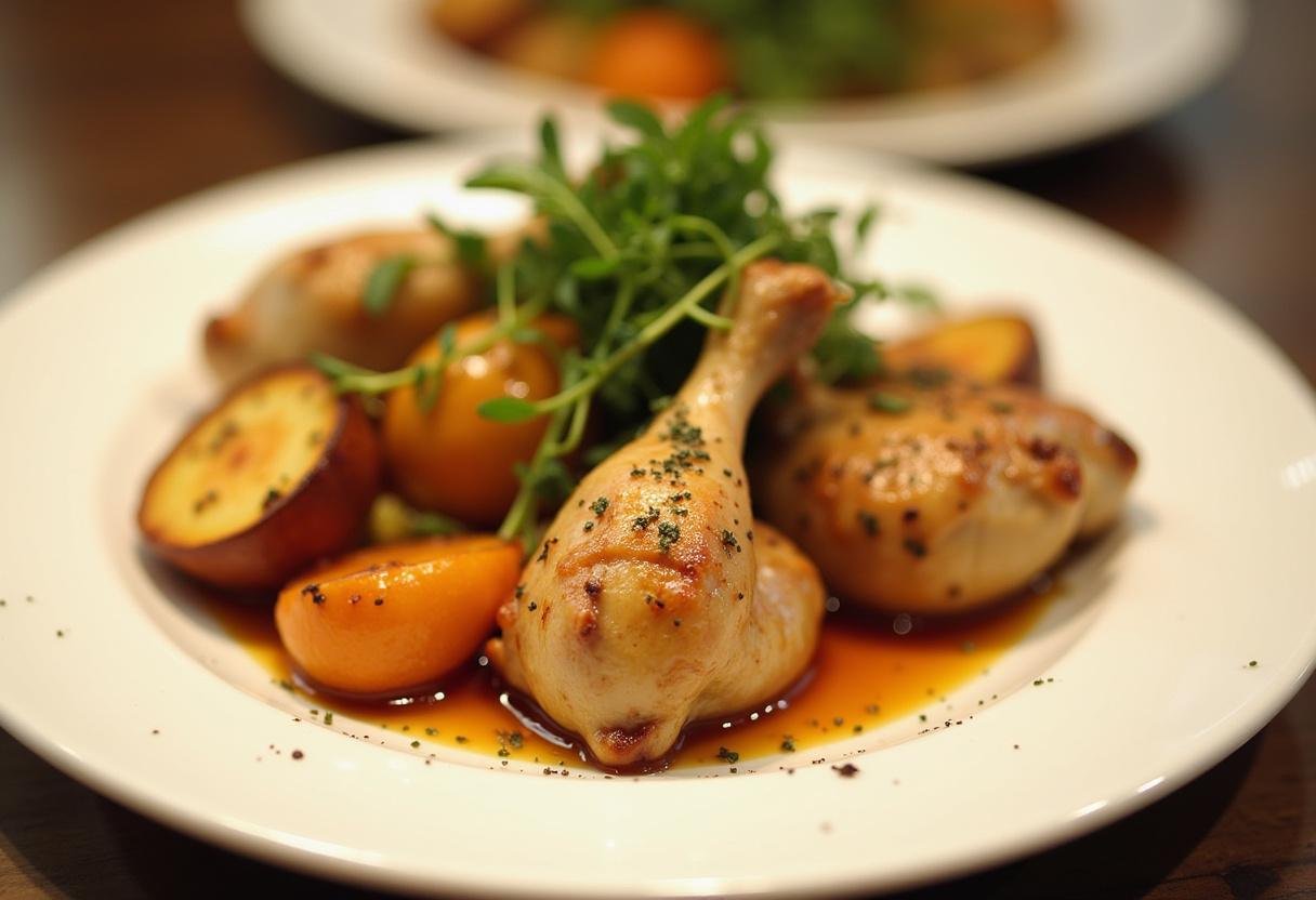 Plato final de partes del pollo fresco con verduras asadas, ideal para una cena deliciosa.
