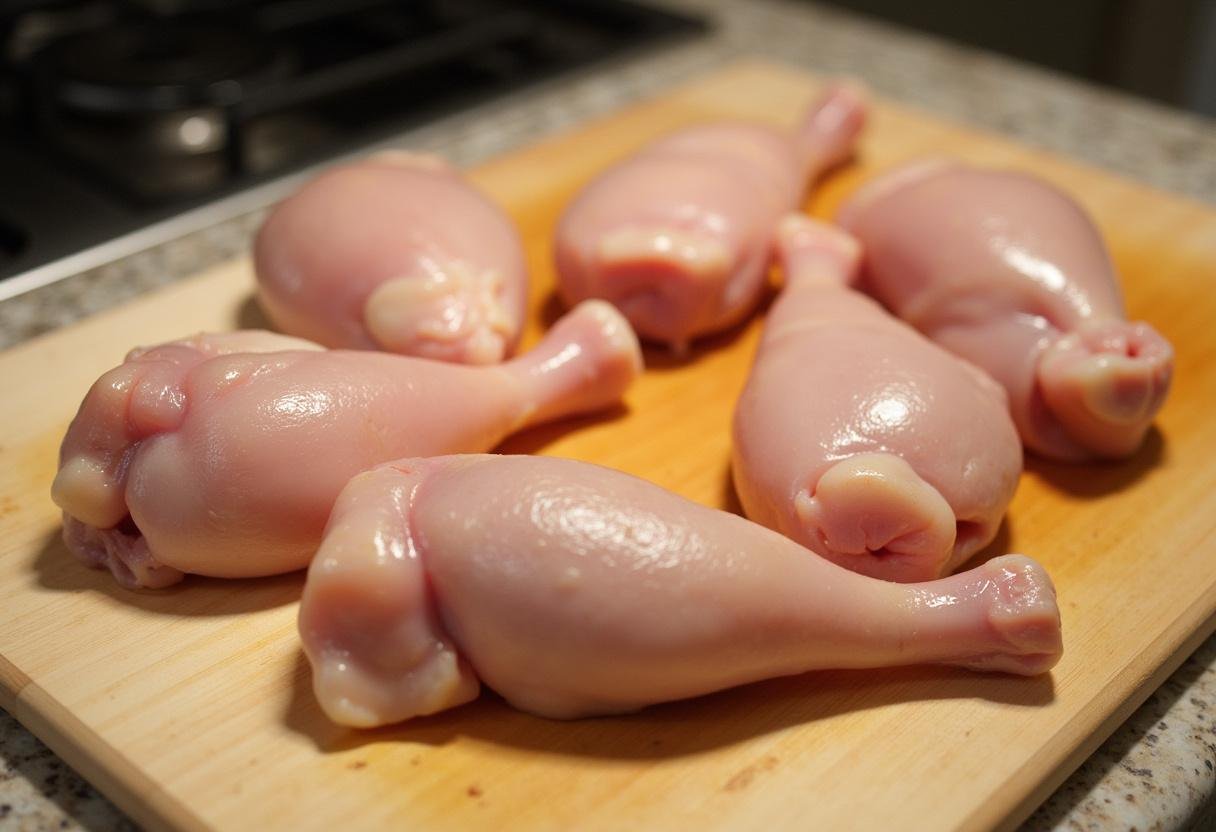 Preparación de partes del pollo en una tabla de cortar para cocinar pollo fresco.