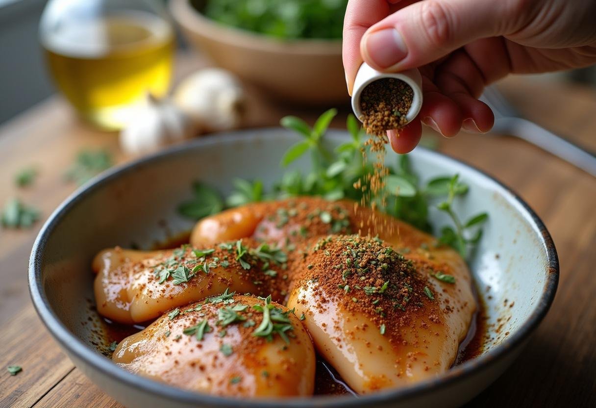 Sazonando partes del pollo fresco con hierbas y especias para realzar el sabor.
