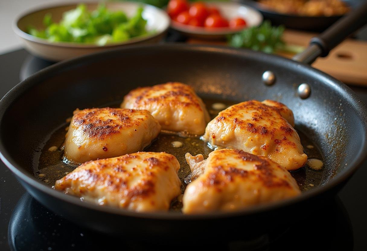 Cocción de partes del pollo fresco en una sartén caliente, comenzando a dorarse y llenándose de sabor.