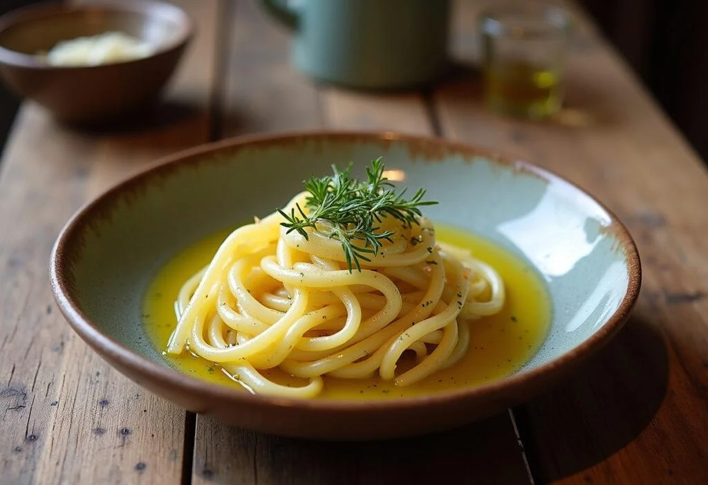 Plato de pasta al agua listo para servir, decorado con aceite de oliva y hierbas.