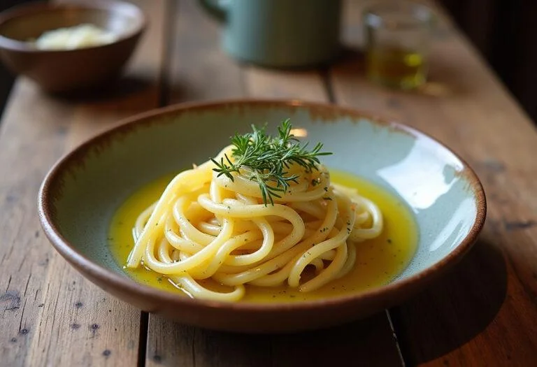 Plato de pasta al agua listo para servir, decorado con aceite de oliva y hierbas.