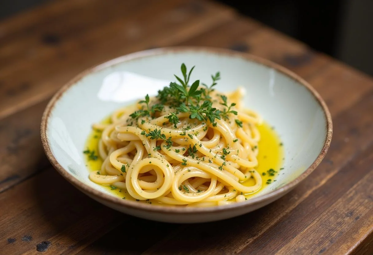 Plato de pasta al agua listo para servir, decorado con aceite de oliva y hierbas.