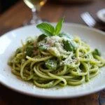 Delicious plate of pasta con pesto, a perfect dish for Italian cuisine lovers.